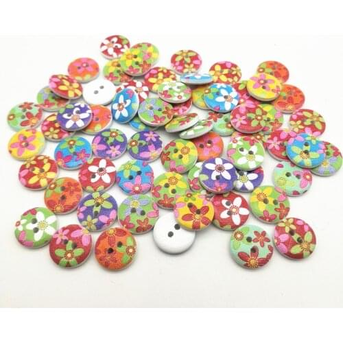 100pcs/lot 15mm Flowers Printed Wooden Sewing Buttons 2 Holes Accessory Button Embellishments for Scrapbooking craft