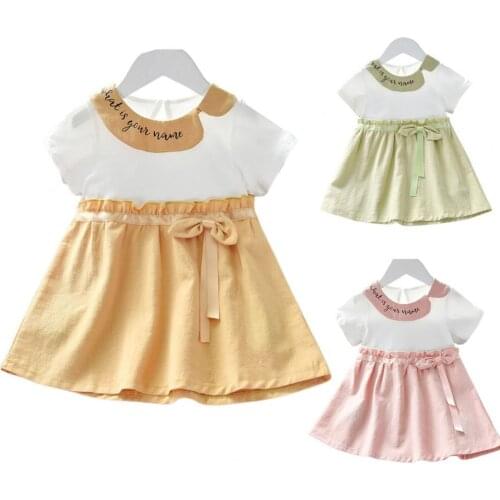 2021 New Kids Dress Bow Knot A-Line Summer Clothing 3-7T Girls Letter Print Lapel Dresses for Daily Wear Childrens Clothing