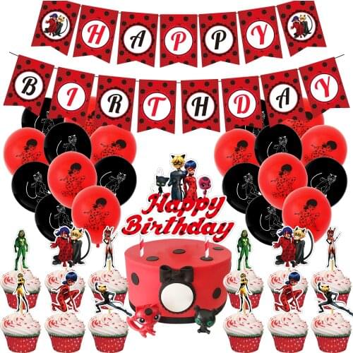 48Pcs Insect Birthday Party Decorations. Contains Happy Birthday Banner, Cake Topper and Black Red Latex Foil Balloons