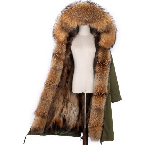 7XL Women Real Fox Fur Coat Winter Jacket Natural Fox Fur Liner Raccoon Fur Collar Hood Waterproof Parkas 7XL Oversized