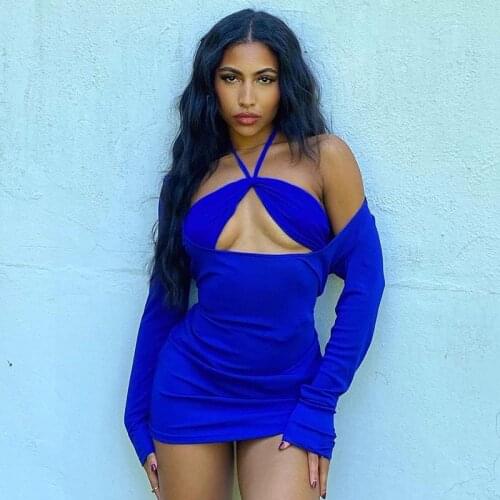 BKLD Sexy Outfits For Woman Night Club Fall 2021 New Solid Color Halter Neck Long Sleeve Hollow Out Bodycon Dress Female