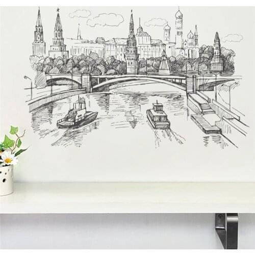 Sketch Style Kremlin Moscow River Wall Sticker For Shop Office Home Decoration Landscape Mural Art Diy Pvc Decals Scenery Poster
