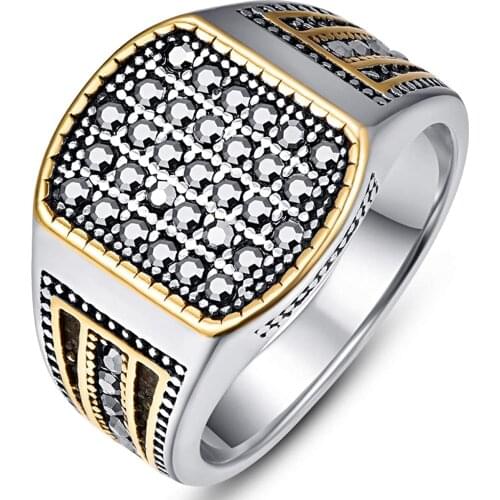 JQUEEN Mens Stainless Steel Ring Channel Set Grey Cubic Zirconia Two Tone Engagement Bands Fashion Jewelry Rings for Men