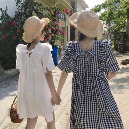 Korean Kawaii Loose Shirt Dress Sweet Bow Lace-up Robes Femme Short Sleeve Ruffles Plaid Girls Mini Dresses Summer Women Clothes