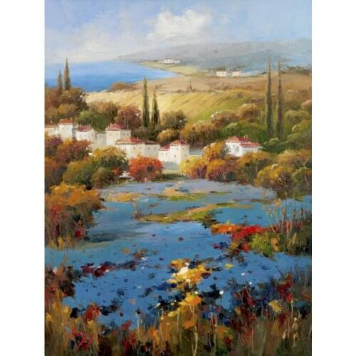 Beautiful canvas oil painting Landscapes Villagio Blu Hand painted flower field artwork for living room