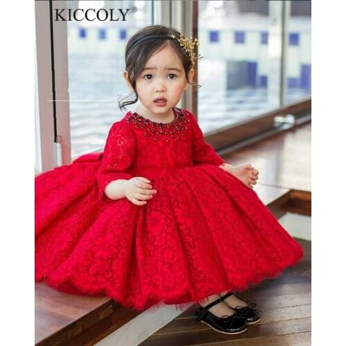 Beads Red Tulle Newborn Baby Girl Flower Lace Baptism Dresses for 1 Year First Birthday Princess Christening Gown Outfit