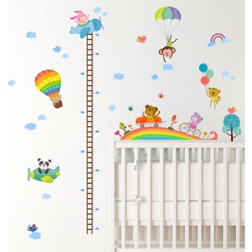 Lovely Animals Hot Air Balloon Growth Chart Wall Stickers Kids Room Decoration Children Height Measure Mural Art Diy Home Decals
