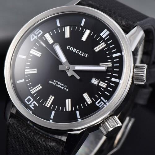 Corgeut 44.5mm Automatic Mechanical Watch Men Black Dial Top Brand Luxury Date Watch Men Rubber Sport Luminous Waterproof Watch