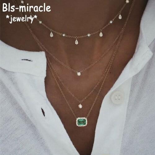 New Fashion Boho Vintage Gold Necklaces For Women Crystal Green Stone Water Drop Pendant Necklace Multilayer Female Jewelry Gift