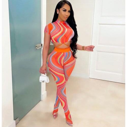 Printed Bodycon Two Piece Set Women Cropped Top and Foot Leggings Set Mesh Sheer Club Wear Party Matching Sets Summer Clothes