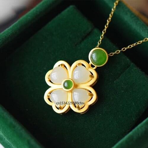 925 Silver Natural Green White Jade Four leaf clover inlaid Pendant Necklace Jadeite Fashion Jewelry Gifts Women sweater chain