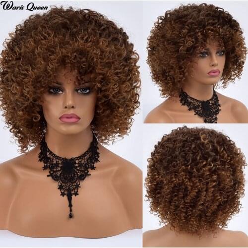 Brown Ombre Black Short Afro Kinky Curly Natural Synthetic Wigs For Black Women Heat Resistant Glueless With Bangs Fiber Hair