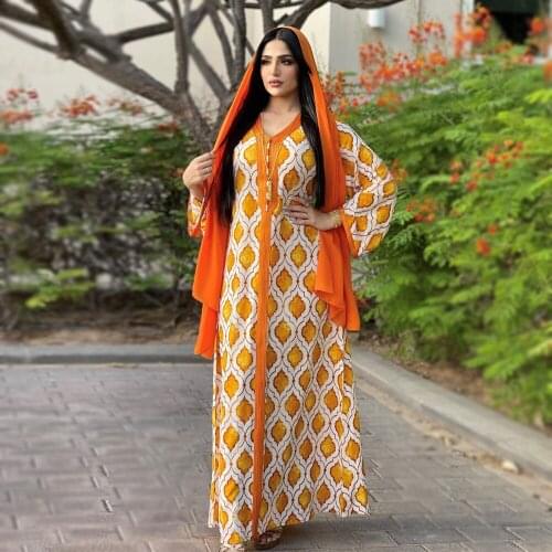 Kaftan Eid Ramadan Ethnic Print Maxi Dress for Women 2021 Loose Muslim Jalabiya Full Sleeve Arabic Oman Dubai Islamic Clothing