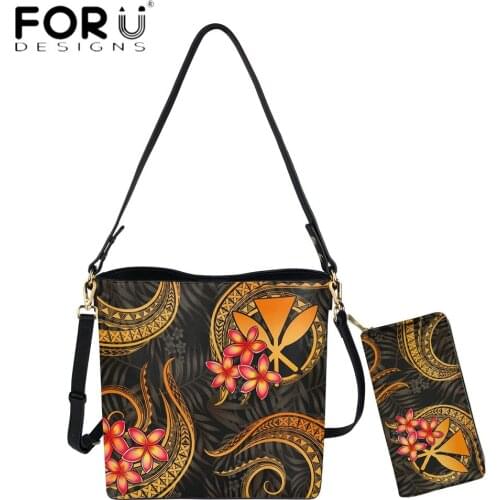 FORUDESIGNS Luxury 2pcs Set Women Messenger Bag And Purse Set Hawaii Polynesian Plumeria Flower Print Female Casual Handbag Sac
