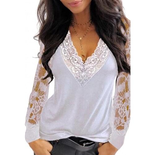 Sexy Women Deep V Neck Lace Trim See Through Long Sleeve T-shirt Blouse Top