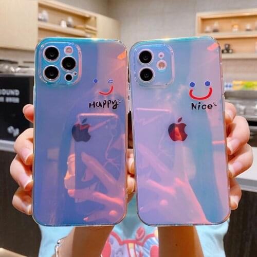 Laser Rainbow Smiley Phone Case For iphone 12 Mini 11 Pro Max XS Max X XR 8 7 Plus Clear Side Printing Case Silicone Cover Shell