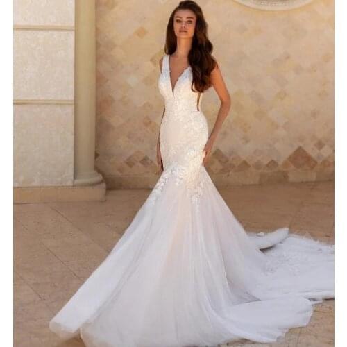 Backless Wedding Dresses Mermaid Deep V-neck Tulle Appliques Lace Boho Dubai Arabic Wedding Gown Bridal Dress Vestido De Noiva