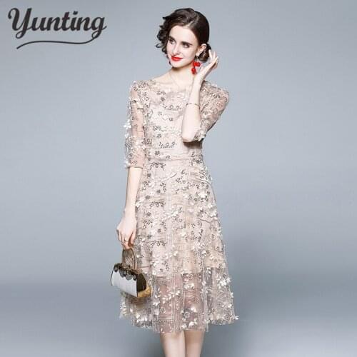 Vintage Women Elegant O-Neck Flower Embroidery Female Summer Sexy Holiday Long Dress