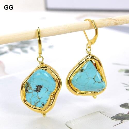 GuaiGuai Jewelry Blue Turquoise Freeform Blue Howlite With Gold Plated Lever Back Earrings