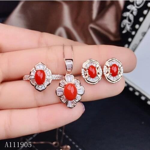 KJJEAXCMY boutique jewelry 925 sterling silver inlaid natural red coral gemstone female earrings pendant necklace ring set new s
