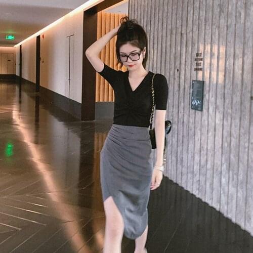 Western Style Sexy Suit 2021V Collar Slim-Fit Womens T-shirt + High Waist Irregular Sheath Skirt