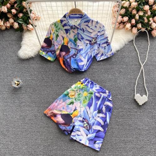 High Street New Summer Women Short Sleeve Floral Bird Butterfly Print Shirts + Wide Leg Shorts Two Piece Set Female Suits Outfit