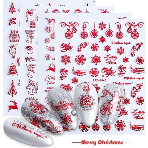 1PC Red Gold Christmas 3D Nail Sticker Holographics Winter New Year Transfer Decal Slider Nail Art Decoration Gift LESTZG041-049