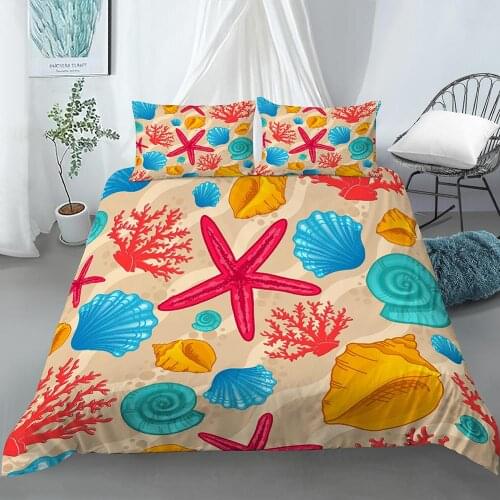 2/3pcs Colorful Ocean Sea Starfish Conch Shell Pattern Quilt Cover for Kids Children Bedroom Duvet Cover Bedding Set Bed Decor