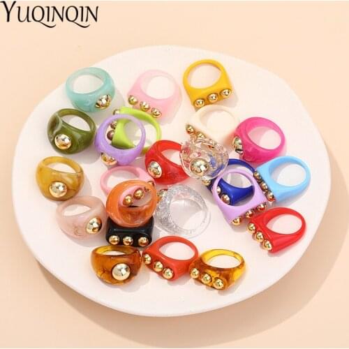 2021 Retro Multicolor Transparent Acrylic Resin Geometric Gold Metal Finger Rings for Women Girls Party Big Punk Vintage Jewelry