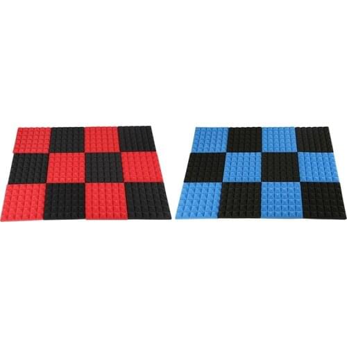 24 Pcs Foam Tiles Soundproofing Foam Panels Studio Sound Padding 2 X 10 X 10 Inch, 12 Pcs Black-Red & 12 Pcs Black-Blue