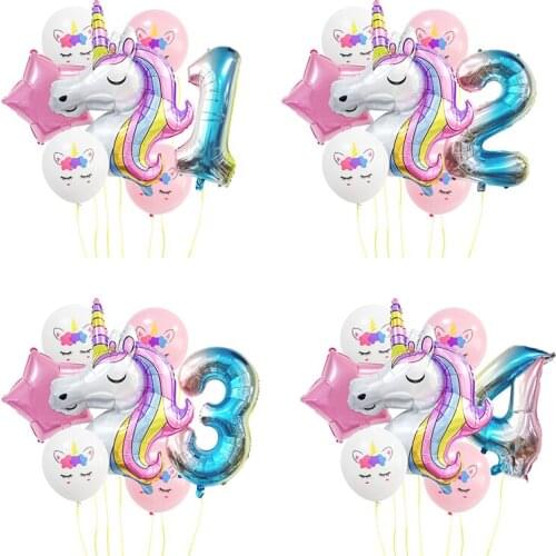 7Pcs Rainbow Unicorn Party Balloons Unicorn Birthday Decoration Number Balloon Kids Birthday Party Baby Shower Decor Globos