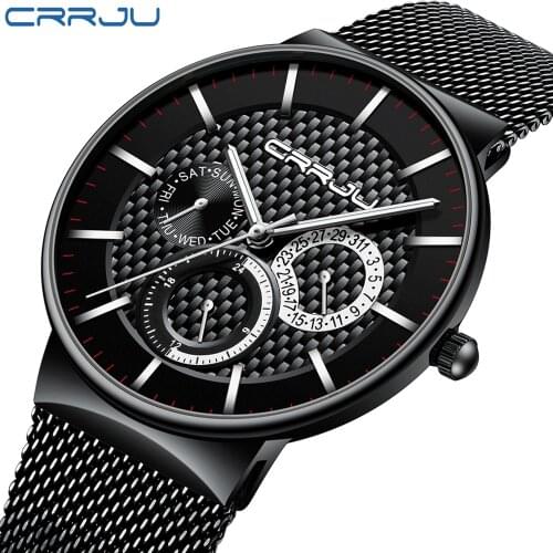 Mens Watches CRRJU Top Brand Luxury Waterproof Ultra Thin Date Clock Male Steel Strap Casual Quartz Watch Men Sports Wrist Watch