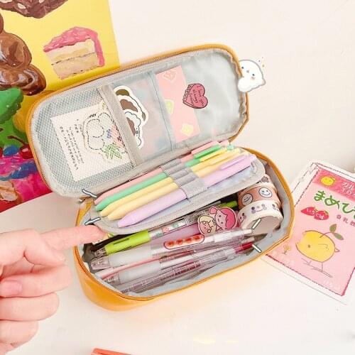 Pu Pencil Case With Handle & Slot Large Capacity Pencil Bag Makeup Brush Pen Organizer For Office 22.5*11*6cm Zipper Closure