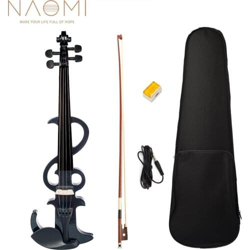 NAOMI Electric Violin Black Full Size 4/4 Solid Wood Metallic Electronic/Silent Violin w/ Ebony Fittings + Case+Brazilwood Bow
