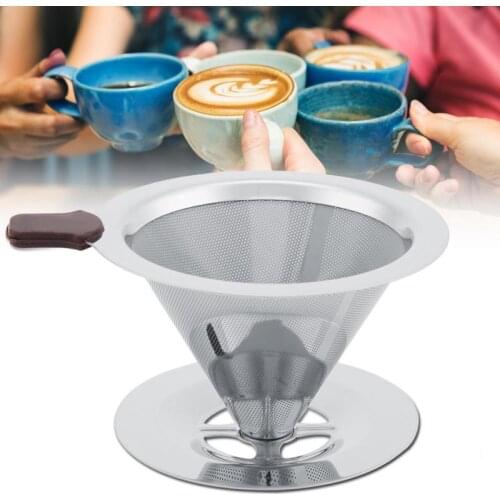 Coffee Filter Funnel Metal Mesh Coffee Tea Filter Reusable Double Layer Brew Dripper with Cup Stand