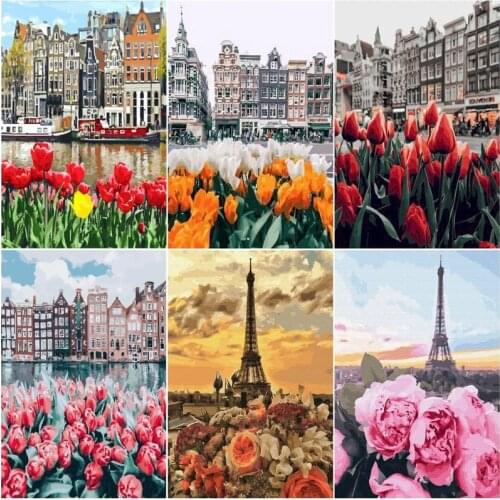 GATYZTORY Oil Painting By Number High Buildings And Iron Tower Drawing On Canvas Gift DIY Pictures By Numbers Tulip Kits Hand