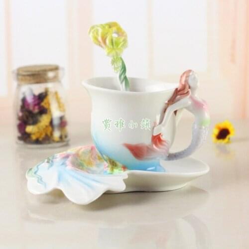 Mermaid Coffee Cup Colored Enamel Porcelain Bone China Tea Mug With Saucer And Spoon Creative Gift