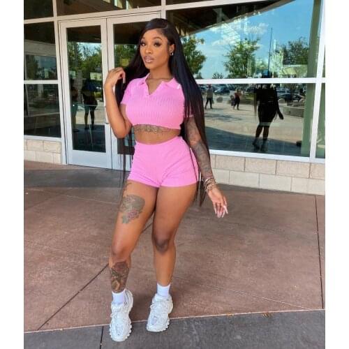 Short Sets 2 Pieces Sport Suit Set Female Turn-Down Collar Short Sleeve Crop Tops+ Solid Color Shorts for Summer S/M/L/XL/XXL