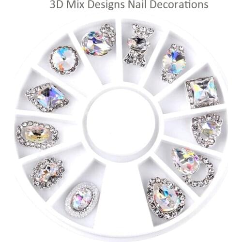 Crystal Stones 12pcs/Wheel 3D Mix Designs Nail Decorations Luxury Charm Clear AB Alloy Nail Rhinestone Diamond Metal Decorations