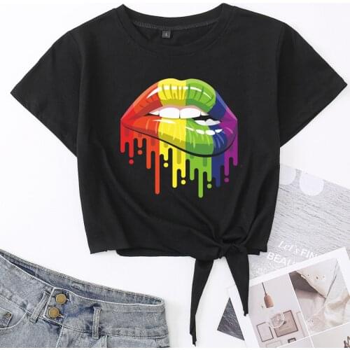 Dripping Colourful Lips Knotted Crop Top Shirt Womens Summer Short Cotton T-Shirt Cropped Tops Graphic Tee with Front Tie Knot