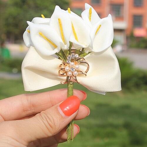 Marfim Ivory Bow Tie Calla Lily Flowers Groom Boutonniere Crystal Brooch Wedding Party Man Suit Corsage Buttonhole X9828-M