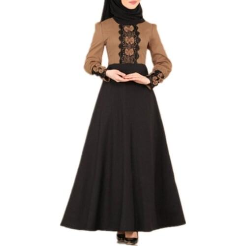 Muslim Dress Party Lace Bowknot Decor Muslim Fashion Dress WomenSolid Long Dress Female for Women Abaya Turkish