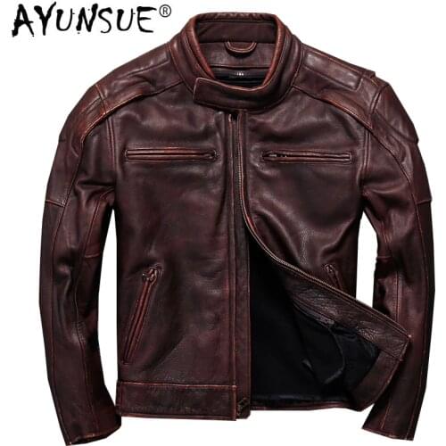 AYUNSUE Retro Cowhide Genuine Leather Jacket Men Real Cow Leather Coat Motorcycle Jacket Short Vintage Leather Jackets KJ1441