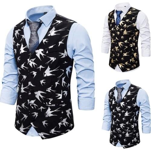 Mens new fashion casual business fishing vest swallow print tuxedo for European and American sizes XXL