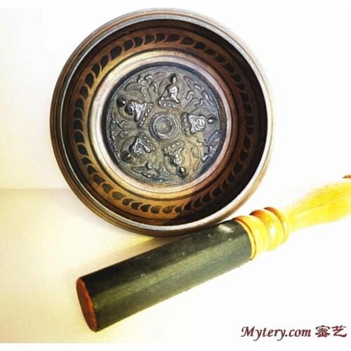 3.9in Yoga Healing Meditation Musical Instruments Tibetan Metal Brass Singing Bowl 10cm Five Buddhas Free Ship TBC869