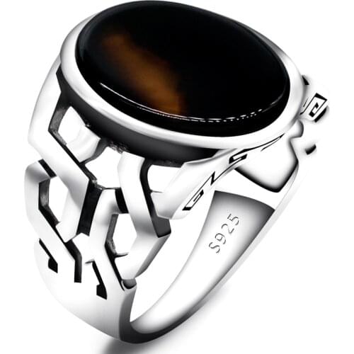 Real Pure 925 Sterling Silver Men Ring with Flat Agate Natural Stone Rings for Man Women Male Thai Silver Retro Turkish Jewelry