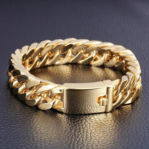 Granny Chic New Style Good Quality Gold Color Stainless Steel Men Bracelet 15mm Heavy Cuban Chain Biker Jewelry 7-10 Inch