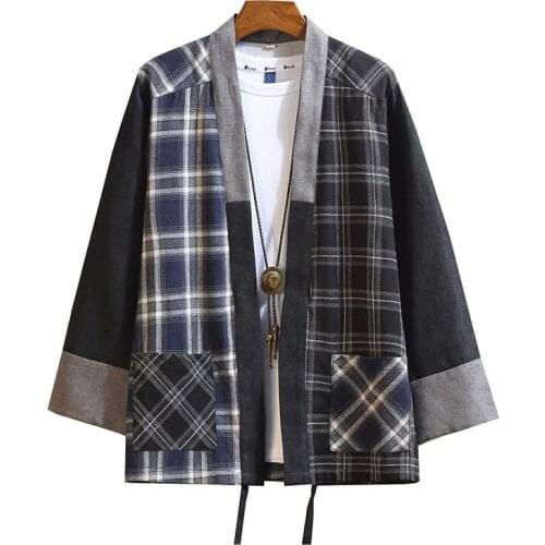 New Japanese Men Cotton Plaid Kimono Japan Haori Outterwear Hanten Coat Fashion Male Samurai Clothing Kimono Yukata Clothes