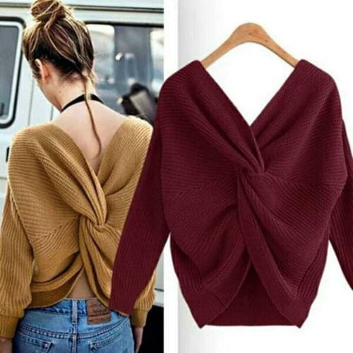 2020 Autumn And Winter Womens Solid Color Cross-over Back Pullover Sweater Sexy V-neck Two-sided Wear Thin Knitted Women
