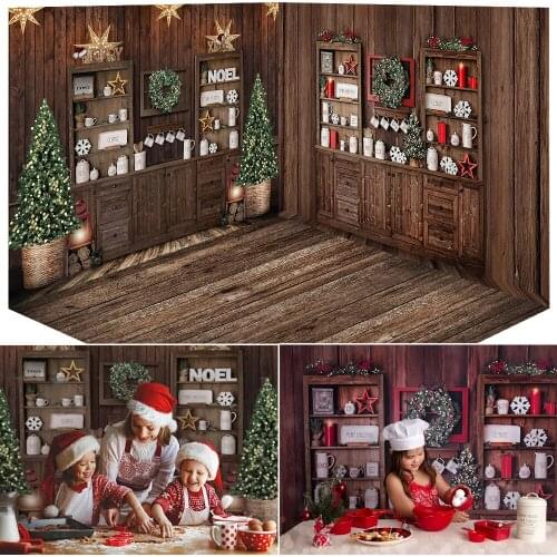 Christmas Kitchen Room Photography Backdrop Winter Rustic Wood Xmas Birthday Background Christmas Tree Cup Portrait Photo Studio